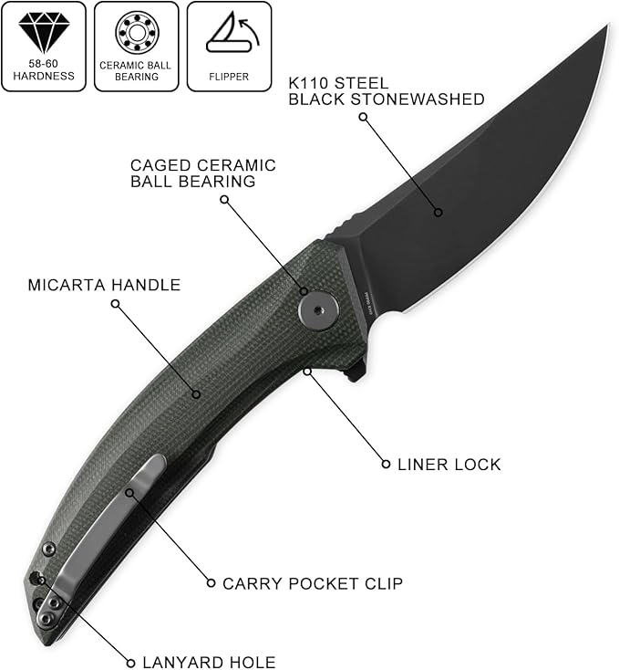 Petrified fish PFP05 Deepsea 3.66” Folding Knife K110 Steel Blade Micarta Handle Flipper Liner Folding Knife for Outdoor. (Green Black Stonewashed)