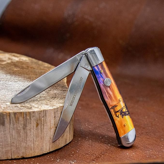 WHISKEY BENT HAT CO. Traditional Trapper Folding Pocket Knife 4.125 Closed Length 440C Stainless Steel Blades (Pump Jack Sunrise)