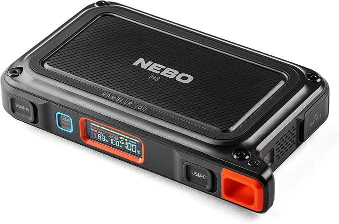 NEBO RAMBLER 100 Portable Power Station | 94.4Wh Capacity 5-Way Output Charging 100W AC Port Integration includes Power Inverter Built-In Floodlight TSA Approved
