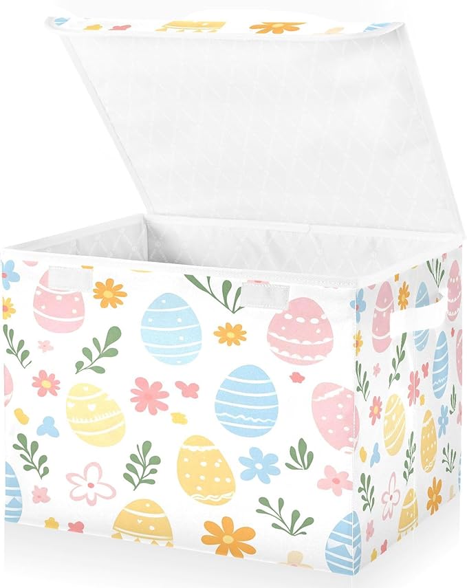 Christmas Storage Baskets with Lids Colorful Easter Egg Collapsible Bins Stackable Fabric Linen Baskets Closet Organizer Container 16.5x12.6x11.8