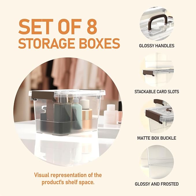 8 Pack Plastic Storage Latch Bins 4 Quart Clear Plastic Handle Box with Lids and Handle Multi-Purpose