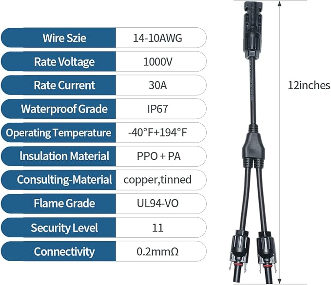 4Pair Solar Panel Connector 1 FT Solar Connectors Y Branch Parallel Adapter Cable Solar Cable 1 Male to 2 Female(M/FF) and 1 Female to 2 Male(F/MM) Solar Panel Cables and Connectors 1500V