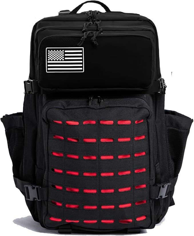 50L Tactical Military Backpack Waterproof Sturdy Bag for Hiking Camping Fishing Gym Backpack with Bottle Holder (Red Black)
