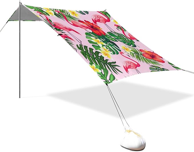 xigua Flamingos Beach Tent Sun Shelter with Carrying Bag - Silver Coated Oxford Fabric Beach Canopy for Beach Camping Fishing - Includes Windproof Ropes Sandbags &amp Stakes
