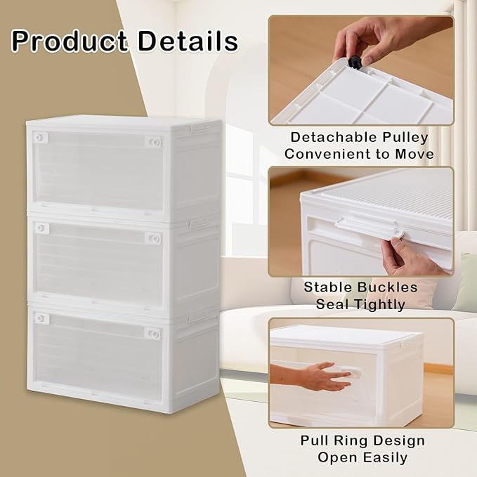 3-Tier 101QT Stackable Storage Bins with Lid Doors &amp Wheels Collapsible Plastic Organizer Bins for Closet Bedroom White