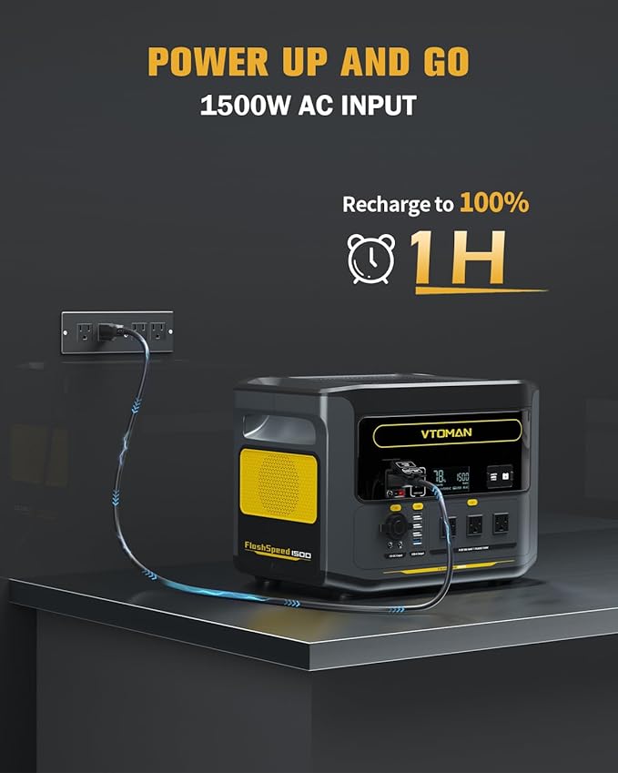 VTOMAN FlashSpeed 1500 Portable Power Station 1548Wh - Recharge 0-100% within 1H LiFePO4 Battery Powered Solar Generator with 110V/1500W AC Output/Input 100W USB Port for Camping Home Backup