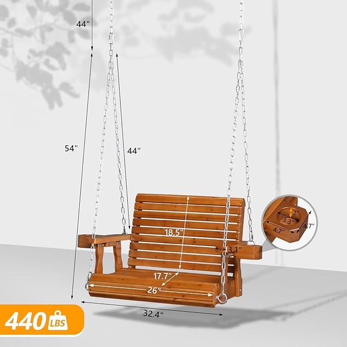 VINGLI Heavy Duty 440 LBS 1-Person Wooden Patio Porch Swing with Deeper Seat &amp Higher Backrest &amp Extra Cup Holder for Adults &amp Kids Outdoor Single Porch Swing for Porch Yard Balcony Tr