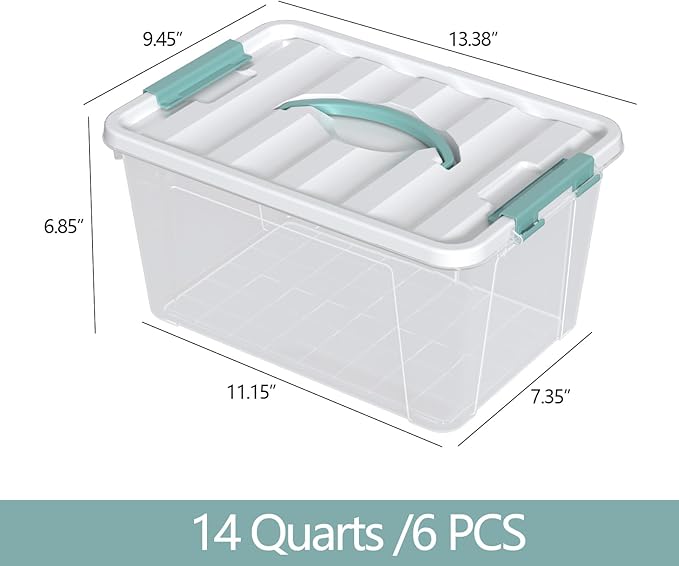 Zopnny 14 Quart Plastic Lidded Storage Bin with Handle Clear Latching Box with White Lid 6 Packs