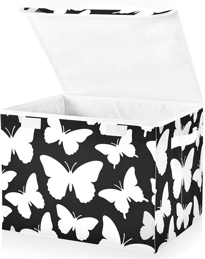 foldable 40 L cube storage bins with handles heavy duty storage containers Christmas For BedroomCloset Living Room 42x32x30cm -Fashion Black and White Butterfly