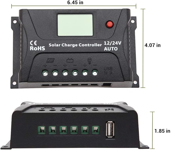 HQST 20Amp 12V/24V PWM Solar Charge Controller Regulator with LCD Display USB-A Port Compatible with Sealed Flooded Lead-Acid Batteries