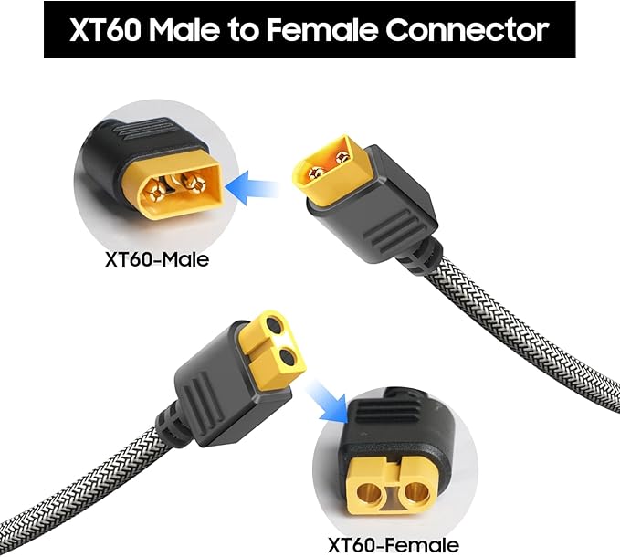 10FT/3M XT60 Extension Cable Adapter Female to Male Connector for Anker SOLIX C300 757 767 Ecoflow Delta River Solar Generator BLUETTI RC Battery RV Boats Drones 16AWG