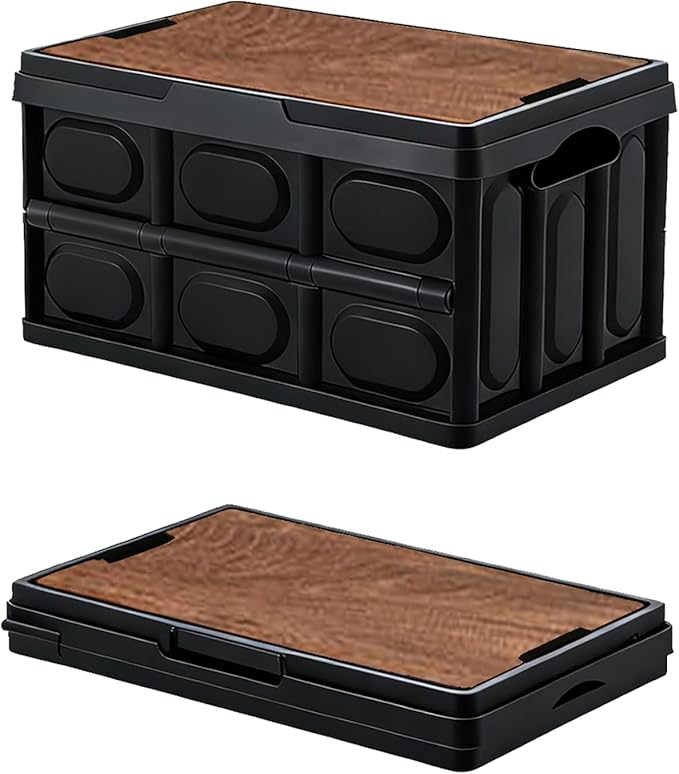 CTESNE【3-in-1 Wooden Lid 32L Storage Bins with Lids and HandlePortable Foldable Storage Box Plastic Stackable Storage Bins for Camp Car RV Office (Black)