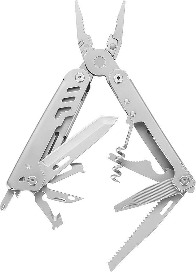 Multi Tool 16-in-1 Full-Size Lightweight EDC Camping Essentials Multi-Purpose Pliers Tools Knives Nylon Bag Tactical Gear Mens Gifts Ideas Gifts for Hunters Men who have Everything Silver