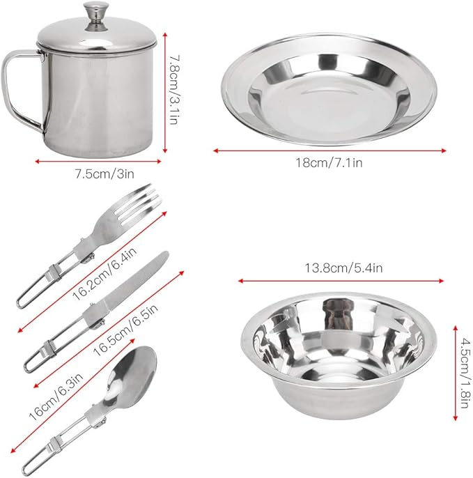 Stainless Steel Camping Dinnerware SetInclude Plate Bowl Cup Fork Spoon KnifePortable Single Person Cookware for Camping Picnic Hiking