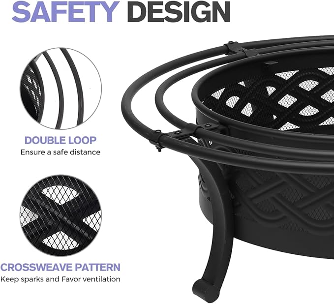 Panovue 36 Inch Fire Pit with 2 LoopsCrossweave Wood Burning Fire Pits for Outsidewith Spark ScreenFire PokerRound Outdoor Firepit for PatioYardGardenCampingBonfire(36''Black)