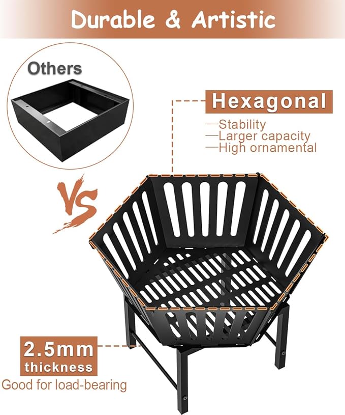 22.5 Inch Portable Hexagon Fire Pit with Travel Bag — Heightened Smokeless Design Outdoor Wood Burning Fire Pit for Camping Backyard Patio Bonfire Picnic and BBQ Vertical Hollow Style
