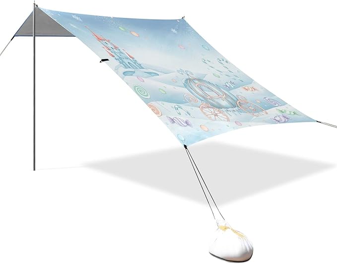 Winter Scenery Beach Canopy Sun Shelter with Sandbags &amp Sand Shovel &amp Windproof Ropes - Portable 110x126 Beach Shade Beach Tent for Camping Picnics