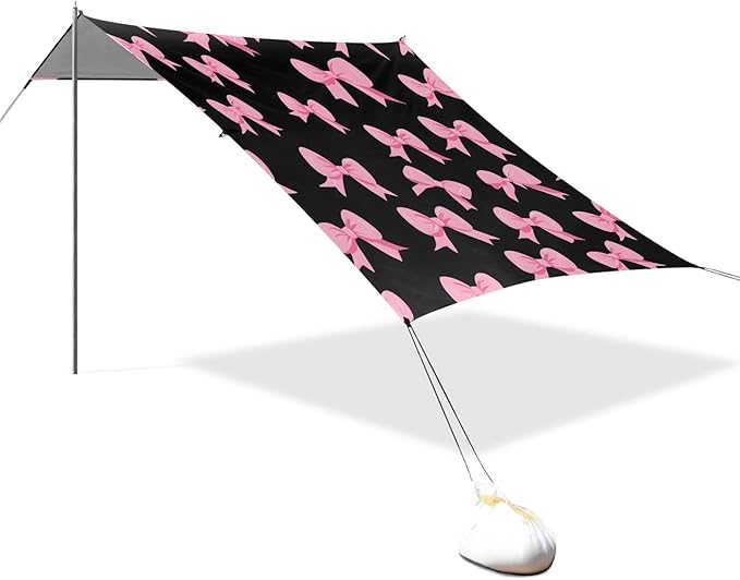 ALAZA Pink Bow Black Background Pattern Beach Tent Sun Shelter Portable Canopy Sunshade for Outdoor Camping Picnics Backyard Fun 10x9 ft