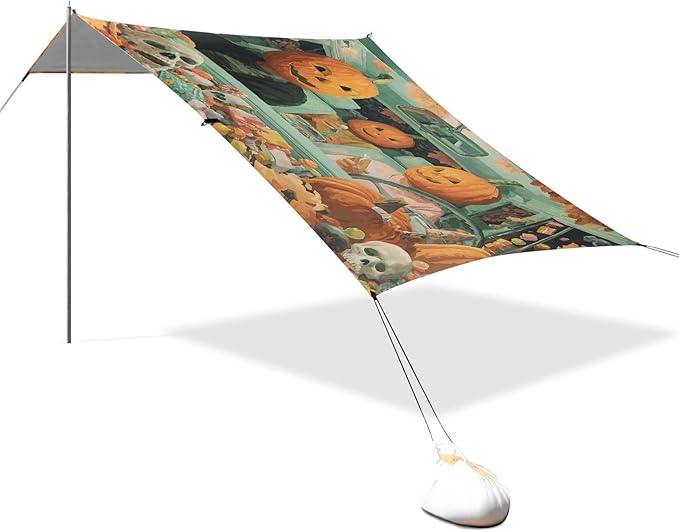 ALAZA Halloween Pumpkinhead Driving Funny Beach Tent Sun Shelter UPF50+ Protection Beach Shade Canopy w/ 4 Sandbags for Outdoor Camping Fishing Backyard Fun Picnic 10x9 ft