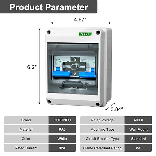 32 Amp Dual Power Manual Transfer Switch with IP65 Protection Box 2Pcs 2-Pole Circuit Breakers with Single-Side Slide Lock DIN Rail and Waterproof Joints Included Ideal for Industrial and Home Use