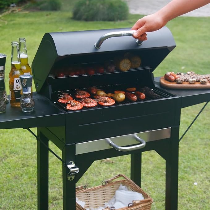 MASTER COOK Charcoal Grills with Two Side Tables 332 SQIN Cooking Area Outdoor Smoker Barbecue bbq grill for Camping PatioBackyard Party Picnic Black