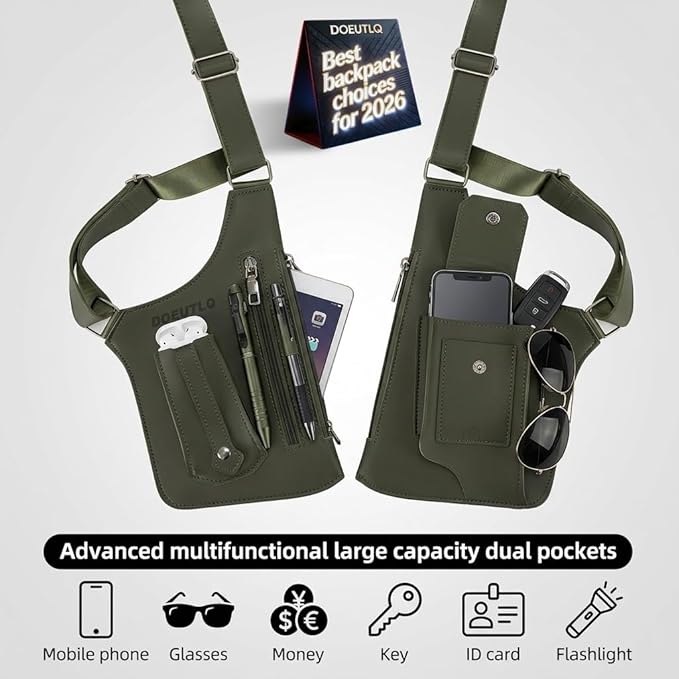 Leather Double Shoulder Armpit Bag for Men Underarm Concealed Rover The Holste Vest for Mens Adjustable Leather Bag (Army Green)
