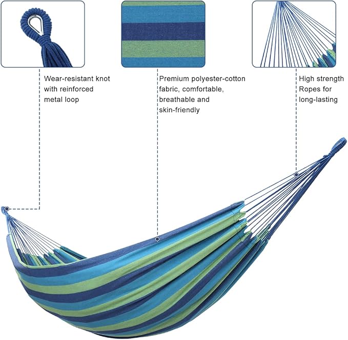ONCLOUD Extra Long and Wide Double Hammock for Travel Camping Backyard Porch Outdoor or Indoor Use Carrying Pouch Included (Blue/Green Stripes)