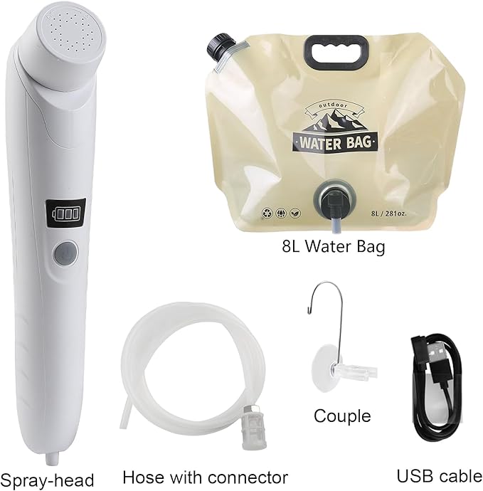 Portable Outdoor Shower Handheld Electric Shower+8L Water Bag IPX6 Waterproof USB Charging Compact and Lightweight Suitable for Outdoor Camping Beach Shower Hiking pet Bathroom