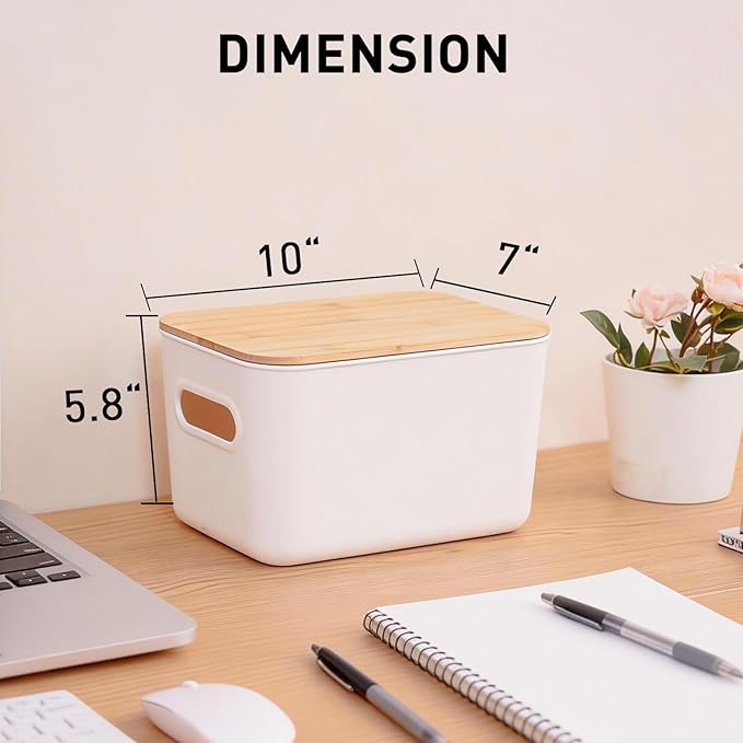 Citylife Storage Bins with Bamboo Lids 7QT Plastic Storage Containers Stackable Organizer Boxes with Handle for Desk Snacks Toys 2 PCS 10 L x 7 W x 5.8 H