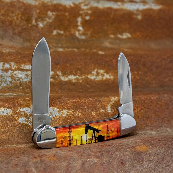 WHISKEY BENT HAT CO. Traditional Canoe Folding Knife 3.63 Closed Length 440C Stainless Steel Blades (Pump Jack Sunset)