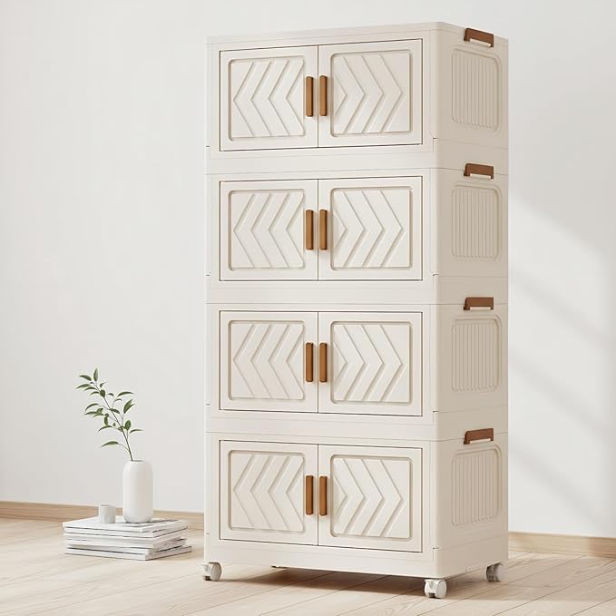 4-Tier Stackable Storage Bins with Lids 94QT Plastic Large Collapsible Storage Containers with Wheels and Magnetic Doors Foldable Closet Organizers for Bedroom Dorm Garage Home Office White