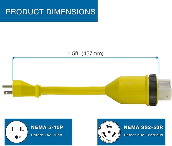 Conntek 14222 RV 1.5-Foot Pigtail Adapter Power Cord 15 Amp Male Plug To 50 Amp 125/250 Volt Locking Female Connector  Yellow