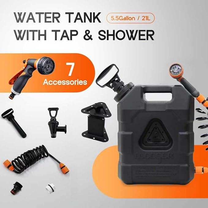 5.5 Gallon Portable Water Tank with Pump and 8 Modes Sprayer Emergency Water Container for Camping Shower Off Road Shower Outdoor Hiking Picnic (Pressurized Water Tank Bracket Set)