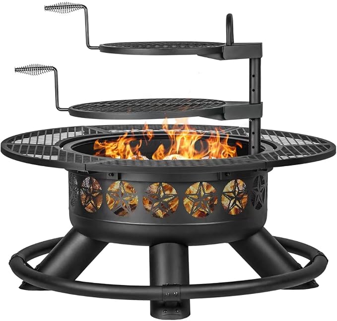 47 Inch Outdoor Fire Pit with 2 Grills Extra Large BBQ Firepits for Outside Metal Round Fire pits with Lid&ampFire Poker3 in 1 Wood Burning Outdoor Fireplaces for BackyardPatioBonfire