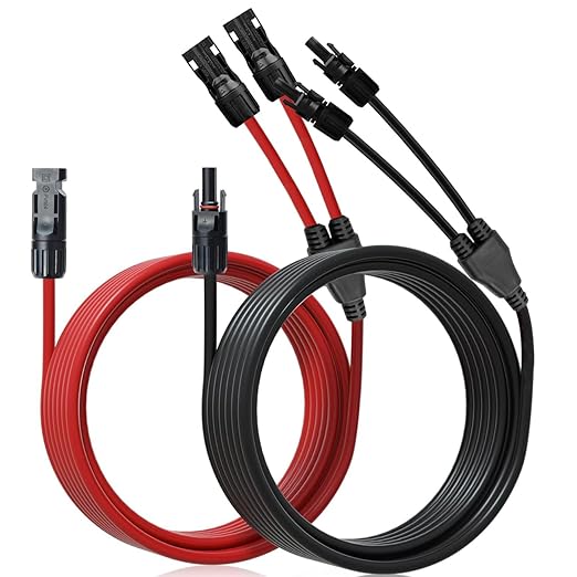 Solar Panel Extension Cable 10FT 10AWG Solar Connectors Y Branch Parallel Adapter Cable 6mm² Wire for 2 Solar Panels Solar Panel PV Wire for RV Home Boat (10FT Red+10FT Black) (10AWG 10FT)