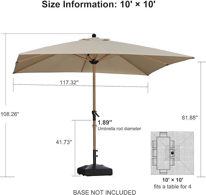 PURPLE LEAF 10' x 10' Square Patio Umbrella Outdoor Table Umbrella Aluminum Market Umbrella with 8 Sturdy Ribs &amp Crank Outdoor Umbrellas for Garden Deck Patio Beige