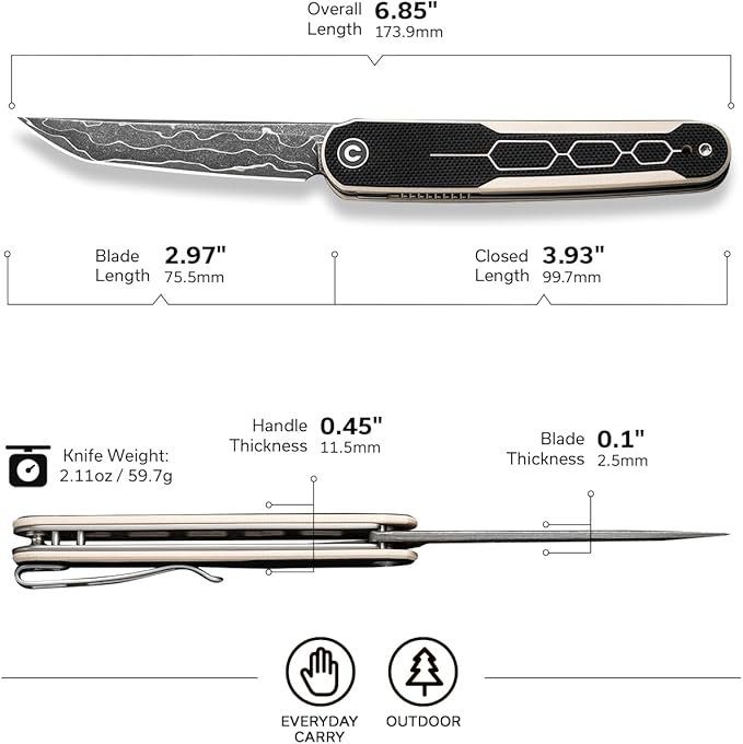 CIVIVI KwaiQ Pocket Knife Folding Knife with Inline Flipper for EDC 2.97 Damascus Tanto Blade Two-tone G10 Handle for Women Men C23015-DS1