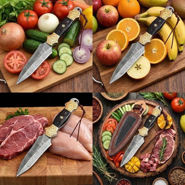 Dessi Damascus Steel Fixed Blade Knife Handmade Hunting Camping Hiking Hand Engraved Copper Bolsters Wenge Wood Handle Leather Sheath SM11