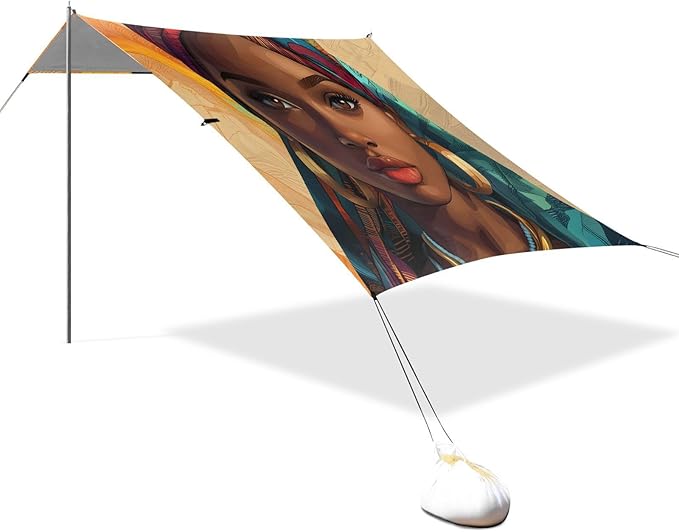 ALAZA African American Woman Ethnic Beach Tent Sun Shelter UPF50+ Protection Beach Shade Canopy w/ 4 Sandbags for Outdoor Camping Fishing Backyard Fun Picnic 10x9 ft
