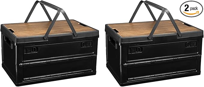 PATIKIL Collapsible Storage Bins with Lids and Handle 2 Pcs 55L 14.5Gal Plastic Camping Storage Box Stackable Side Opening Organizer Basket for Car Rv Office Home Black