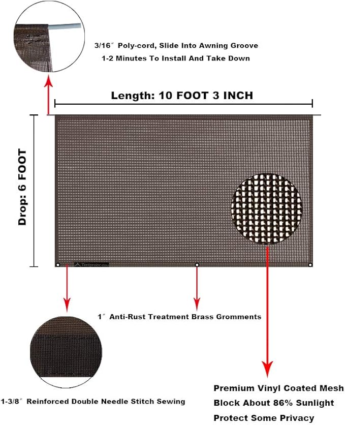 Tentproinc RV Awning Sun Shade Screen 6' X 10' 3'' (Fit for 11' Awning) Mesh Sunshade for RV Awning Sunscreen Motorhome Camping Trailer Awning Screenshade Block UV Glare - 3 Year Warranty (Brown)