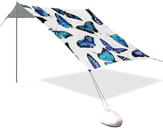 Beach Canopy with Windproof Ropes &amp Sandbags Beach Tent Sun Shade Sun Shelter for Camping Trips Fishing Backyard Fun or Picnics Blue Butterfly