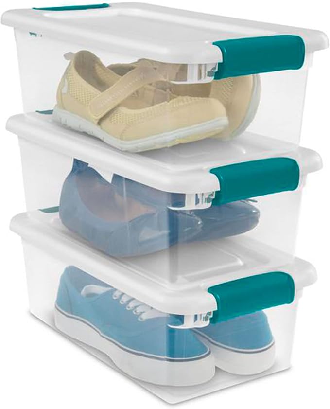 Sterilite 15 Qt Stackable Storage Box with Latching Lid 12 Pack Bundled with 6 Qt Plastic Organizing Bin with Latch Lid 12 Pack
