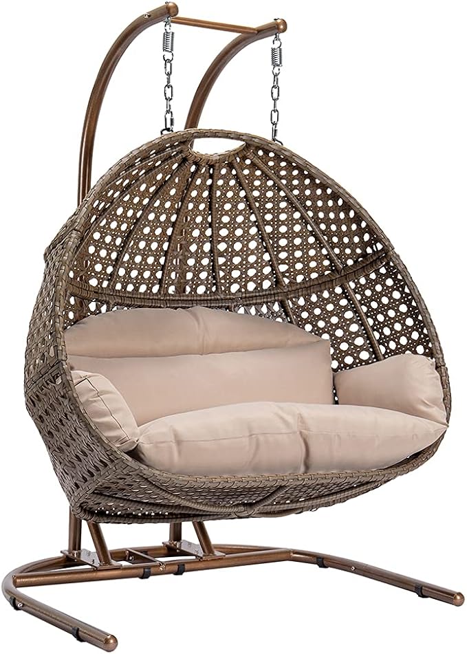 Hanging Egg Chair with Stand 2 Person Heavy Duty Hanging Wicker Rattan Swing Chair Basket Hammock Nest Chair Seat for Indoor Outdoor Patio Lounger Swinging Loveseat (Beige)