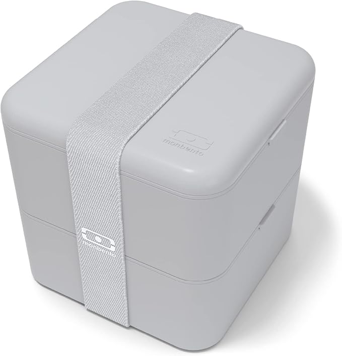 monbento - MB Square Cotton Bento Box - Large Lunch Box with Compartments - Airtight Lunch Box 2 Tier - Ideal for Work/School - BPA Free - Durable and Safe - Made in France - Grey