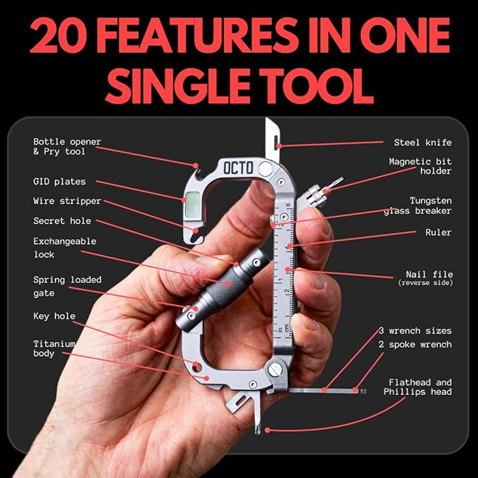 OCTO MAX 20-in-1 Titanium Carabiner Multi-Tool | Heavy-Duty EDC with Steel Knife Glass Breaker Bottle Opener Wrenches Screwdrivers &amp More