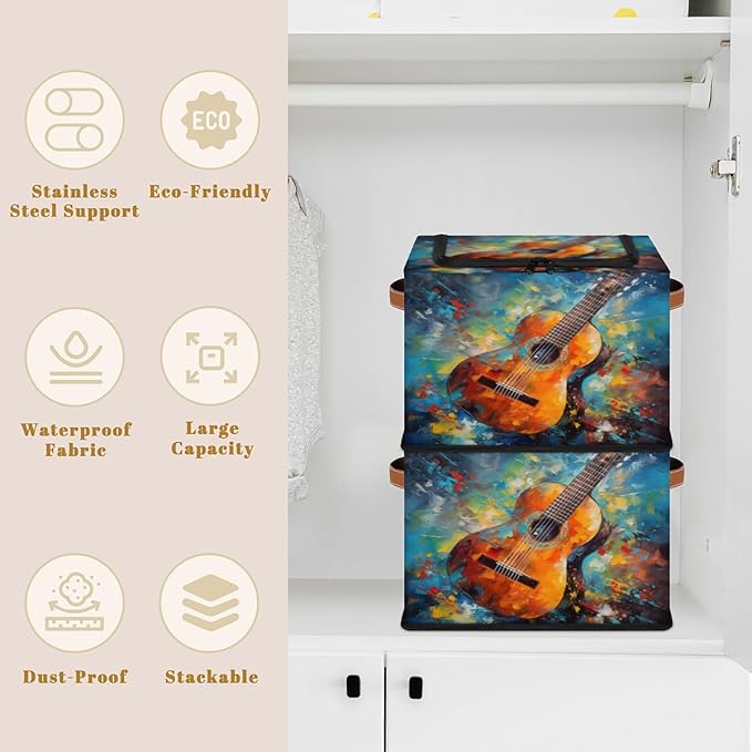 Watercolor Guitar Storage Box with Lid Music Collapsible Storage Bins Baskets Cubes Closet Shelf Clothes Organizer Containers with PU Leather Handles
