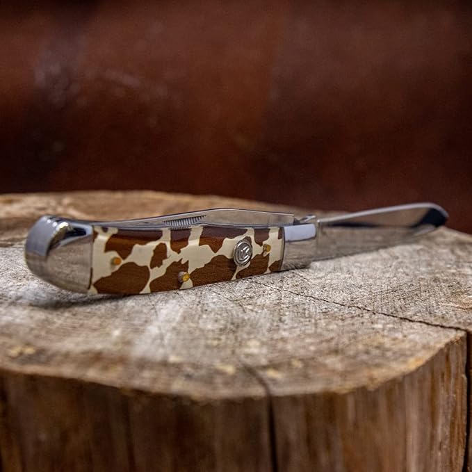 WHISKEY BENT HAT CO. Traditional Trapper Folding Pocket Knife 4.125 Closed Length 440C Stainless Steel Blades (Brown Hide)