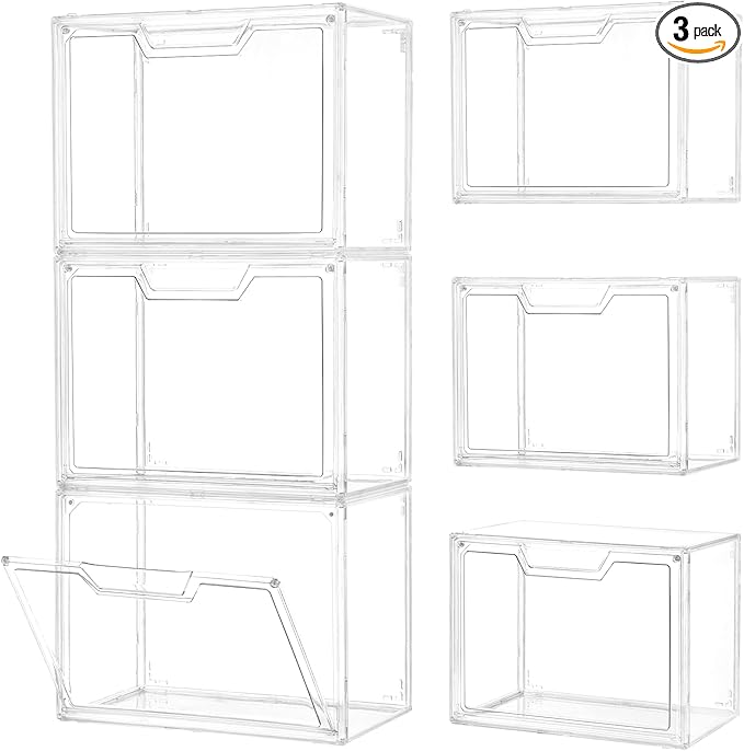 3 Pack Clear Storage Bins with Lids Storage Containers with Magnetic Door Stackable Acrylic Display Case for Handbags Cosmetic Multifunctional Storage Boxes for Dorm Living Room Bedroom Storage