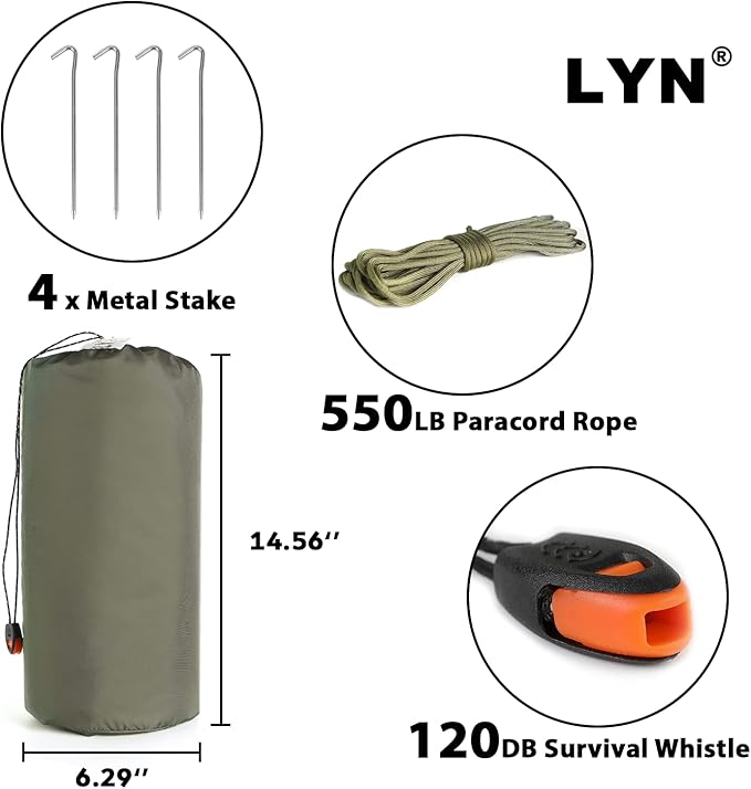 LYN Extra Large Zipper Reusable Survival Emergency Shelter TentThermal Waterproof Fireproof Lightweight Bugout with Paracord✚Stake for CampingFirst AidHiking&ampBushcraft